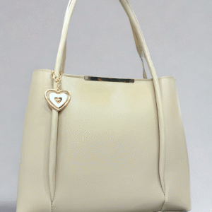 Elegant Cream Handbag with Gold Heart Charm – Premium Faux Leather