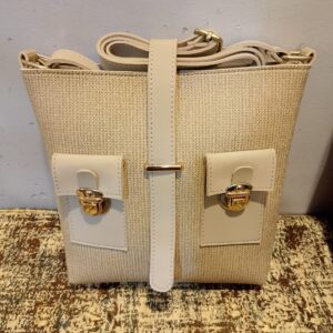 *Beige Textured Crossbody Bag with Gold Accent Locks*