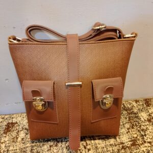*Brown Textured Crossbody Bag with Gold Turn-Lock Pockets*