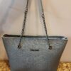 Grey-Blue Textured Tote Bag with Metallic Chain Handles