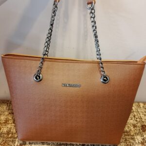 Stylish Brown Tote Bag with Metallic Chain Straps