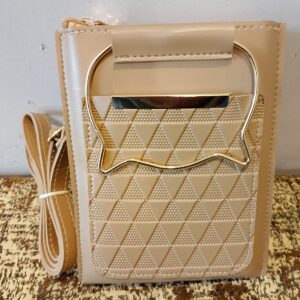 Sleek Tan Handbag with Gold Speech Bubble Handle