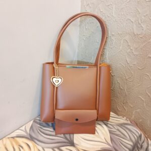 Elegant Tan Tote Bag with Front Snap Pouch and Heart Charm