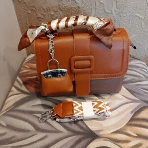 Imported Brown Crossbody Bag with Scarf-Wrapped Handle and Mini Bag Charm