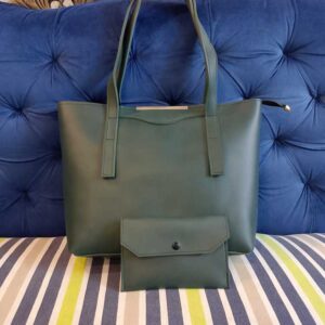 🌿 Forest Green Faux Leather Tote Bag Set with Matching Pouch