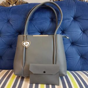 Chic Slate Grey Tote Bag Set – 2-Piece Shoulder Bag with Matching Envelope Pouch & Gold Heart Charm