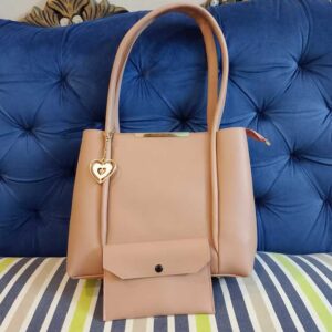 Elegant Peach Blossom Tote Set – 2-Piece Designer Shoulder Bag with Matching Accessory Pouch & Gold Heart Charm