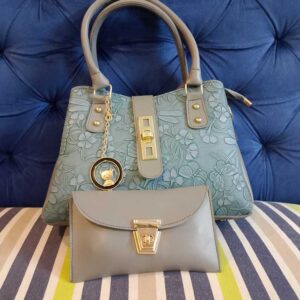 Vintage-Inspired Embossed Floral Handbag Set – 2-Piece Sage Grey Satchel with Matching Wallet & Teddy Bear Charm