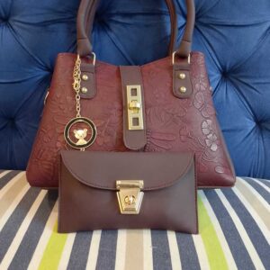 Royal Burgundy Embossed Floral Satchel Set – 2-Piece Textured Handbag with Matching Wallet & Teddy Bear Charm