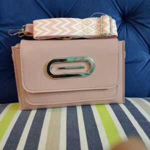 Modern Dusty Rose Crossbody Bag – Compact Flap Handbag with Designer Geometric Webbing Strap & Silver Hardware