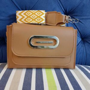 Classic Camel Crossbody Bag – Structured Flap Handbag with Geometric Mustard Webbing Strap & Silver Accents