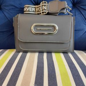 Urban Slate Crossbody Bag – Sleek Grey Flap Handbag with "Forever Young" Typographic Webbing Strap