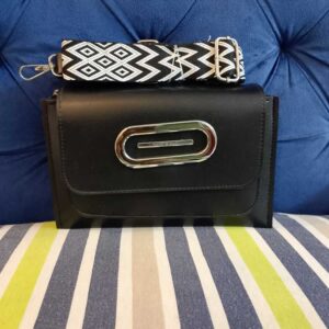 Classic Midnight Crossbody Bag – Sleek Black Flap Handbag with Geometric Monochrome Webbing Strap & Silver Hardware