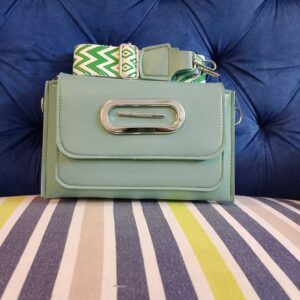 Mint Green Modern Crossbody Bag – Compact Flap Handbag with Geometric Mint & White Webbing Strap & Silver Hardware