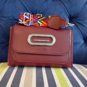 Bold Crimson Crossbody Bag – Structured Flap Handbag with Multi-Color Ethnic Webbing Strap & Silver Hardware