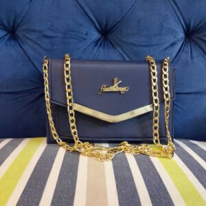 Classic Navy Evening Clutch – Sophisticated Deep Blue Envelope Crossbody with Luxury Gold Chain Strap & V-Bar Accent