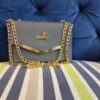 Sophisticated Slate Grey Evening Clutch – Elegant Envelope Crossbody with Luxury Gold Chain Strap & V-Bar Accent