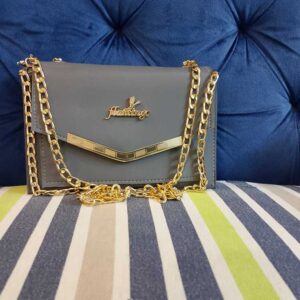 Sophisticated Slate Grey Evening Clutch – Elegant Envelope Crossbody with Luxury Gold Chain Strap & V-Bar Accent