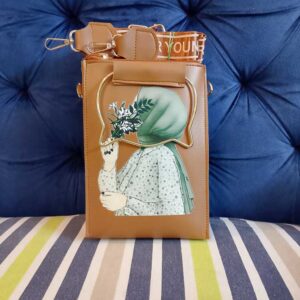 Artistic Hijabi Girl Vertical Crossbody Phone Bag – Earthy Tan with Sage Green Accents