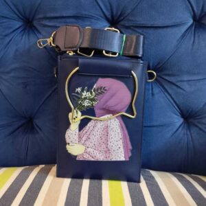 Artistic Hijabi Girl Vertical Crossbody Phone Bag – Midnight Navy with Plum Accents