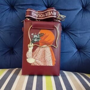 Artistic Hijabi Girl Vertical Crossbody Phone Bag – Deep Burgundy with Sunset Orange Accents