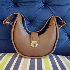 Minimalist Tan Crescent Hobo Bag – Sleek Half-Moon Shoulder Bag with Gold Hardware