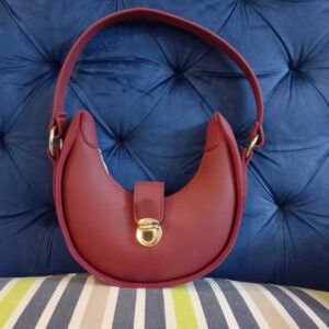 Classic Maroon Crescent Hobo Bag – Bold Wine-Red Half-Moon Shoulder Bag with Gold Hardware